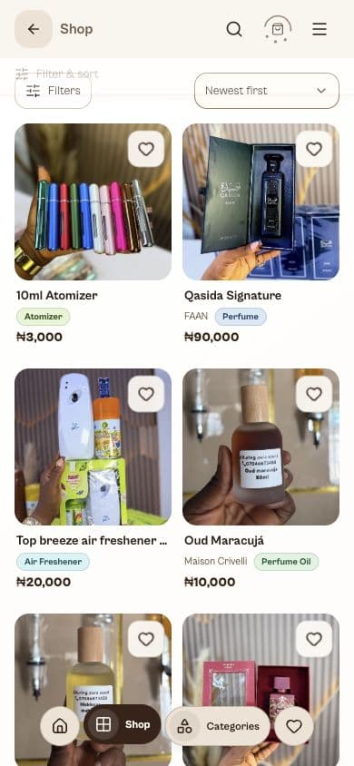 Alluring Aura Scent mobile catalogue showing fragrance products and prices
