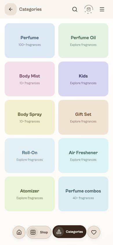 Alluring Aura Scent mobile screen for browsing fragrance categories