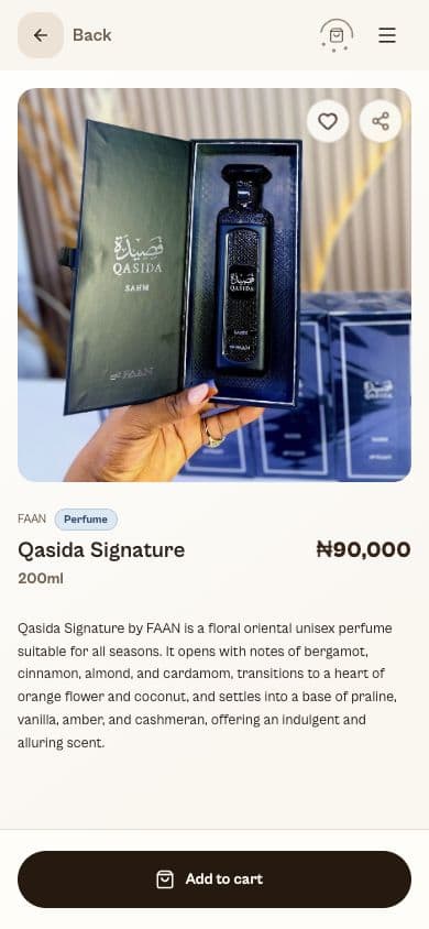 Alluring Aura Scent mobile product page for Qasida Signature, with price, description, and add-to-cart button
