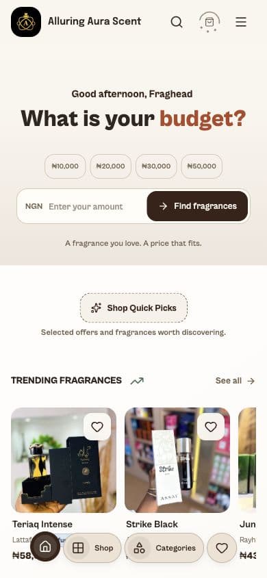 Alluring Aura Scent mobile storefront with a budget finder and trending fragrances