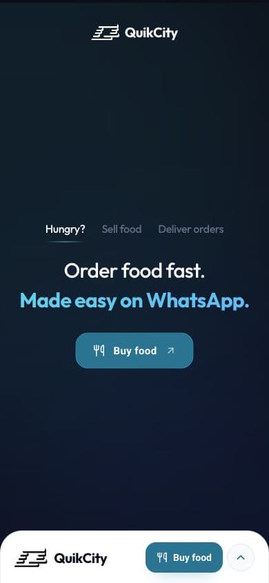 QuikCity mobile homepage with its Buy food button