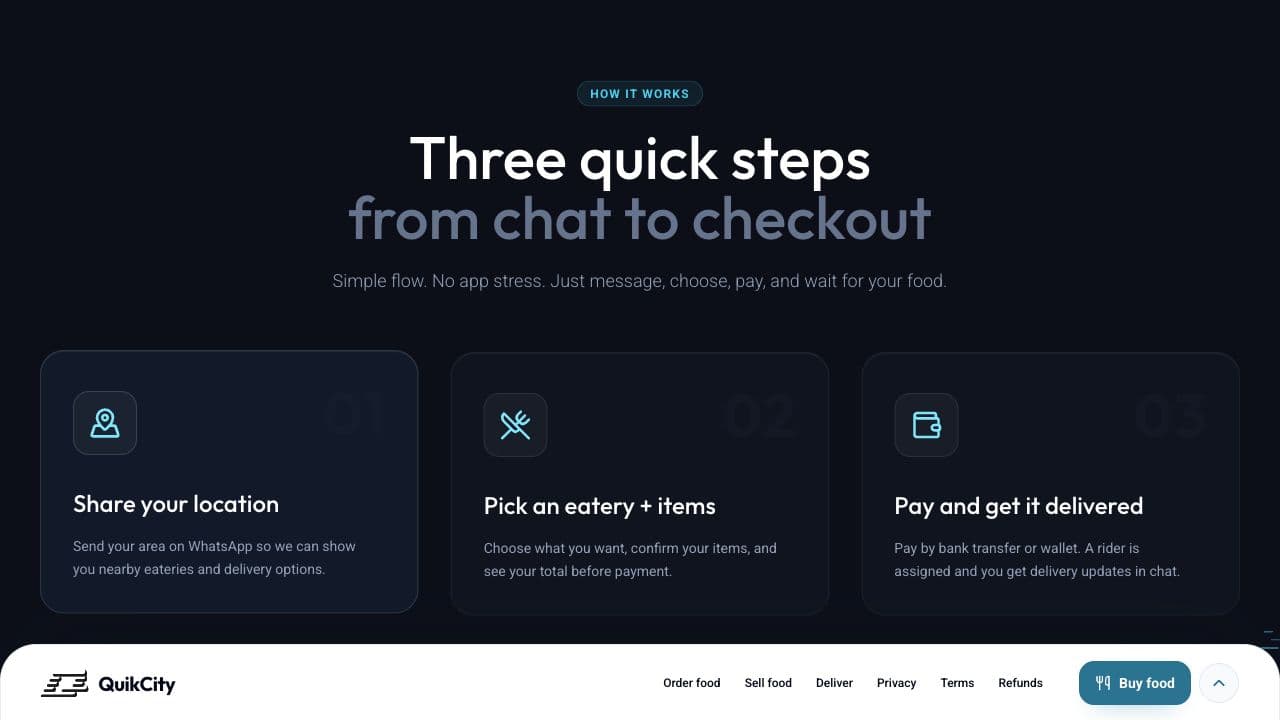 QuikCity public ordering guide: share your location, pick an eatery and items, then pay for delivery