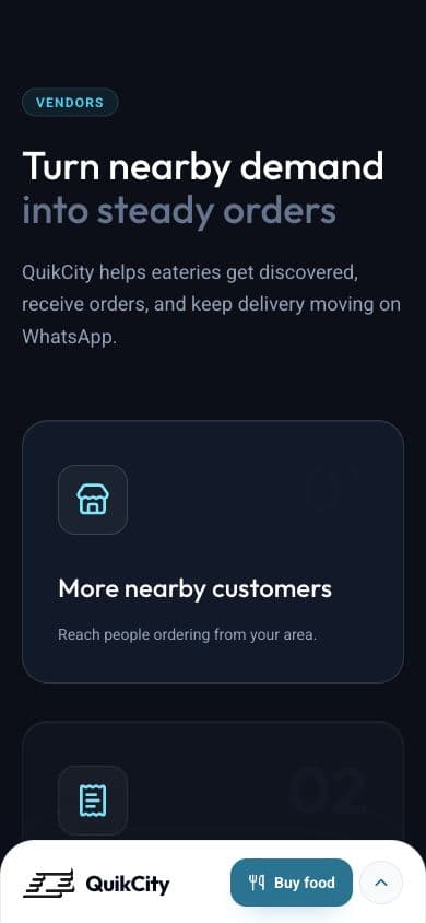 QuikCity public vendor introduction explaining local discovery and orders through WhatsApp