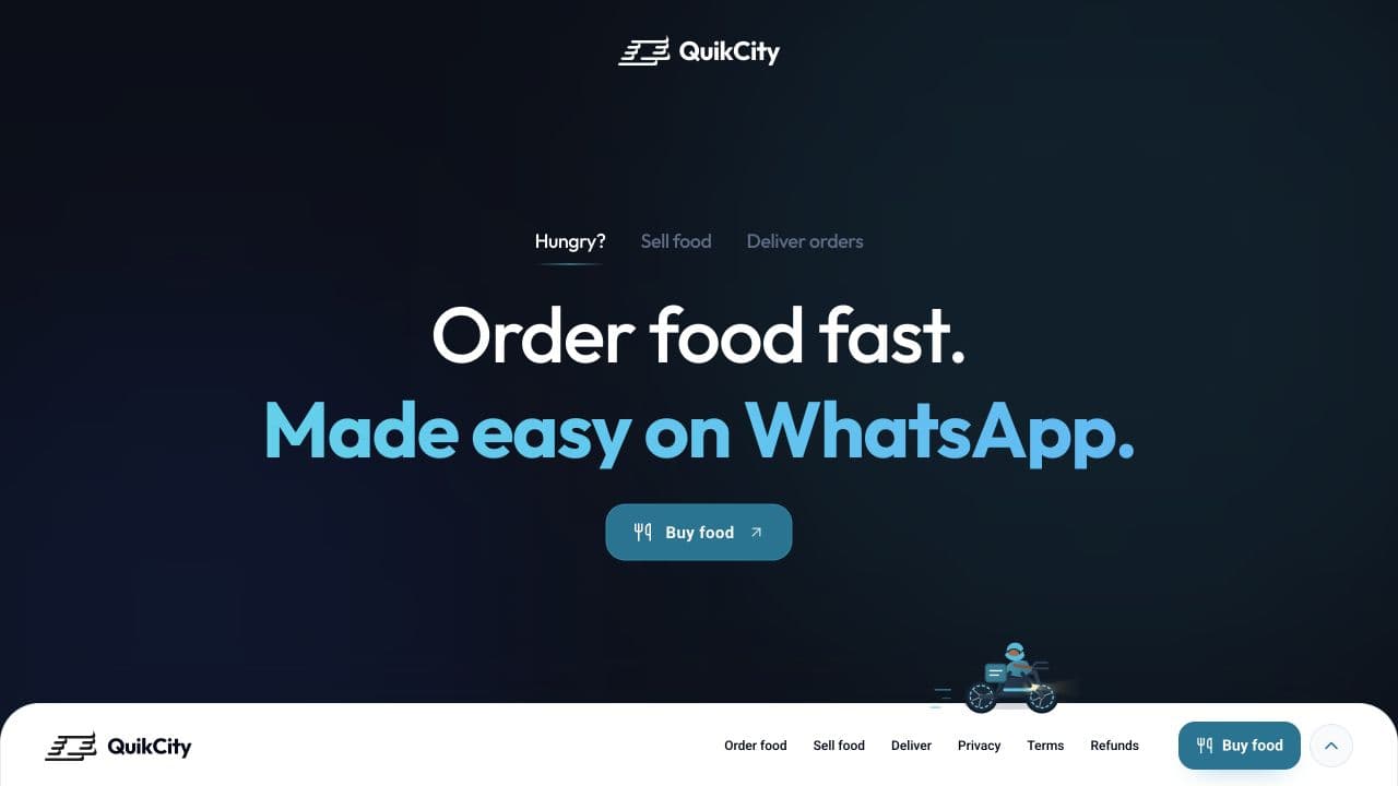 QuikCity desktop homepage introducing food ordering through WhatsApp